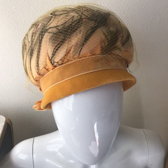 Vintage Veil and Feather Hat with Velvet Trim